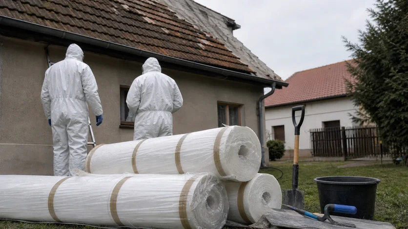 Detail starých eternitových desek na střeše, které jsou na hranách zvětralé a popraskané