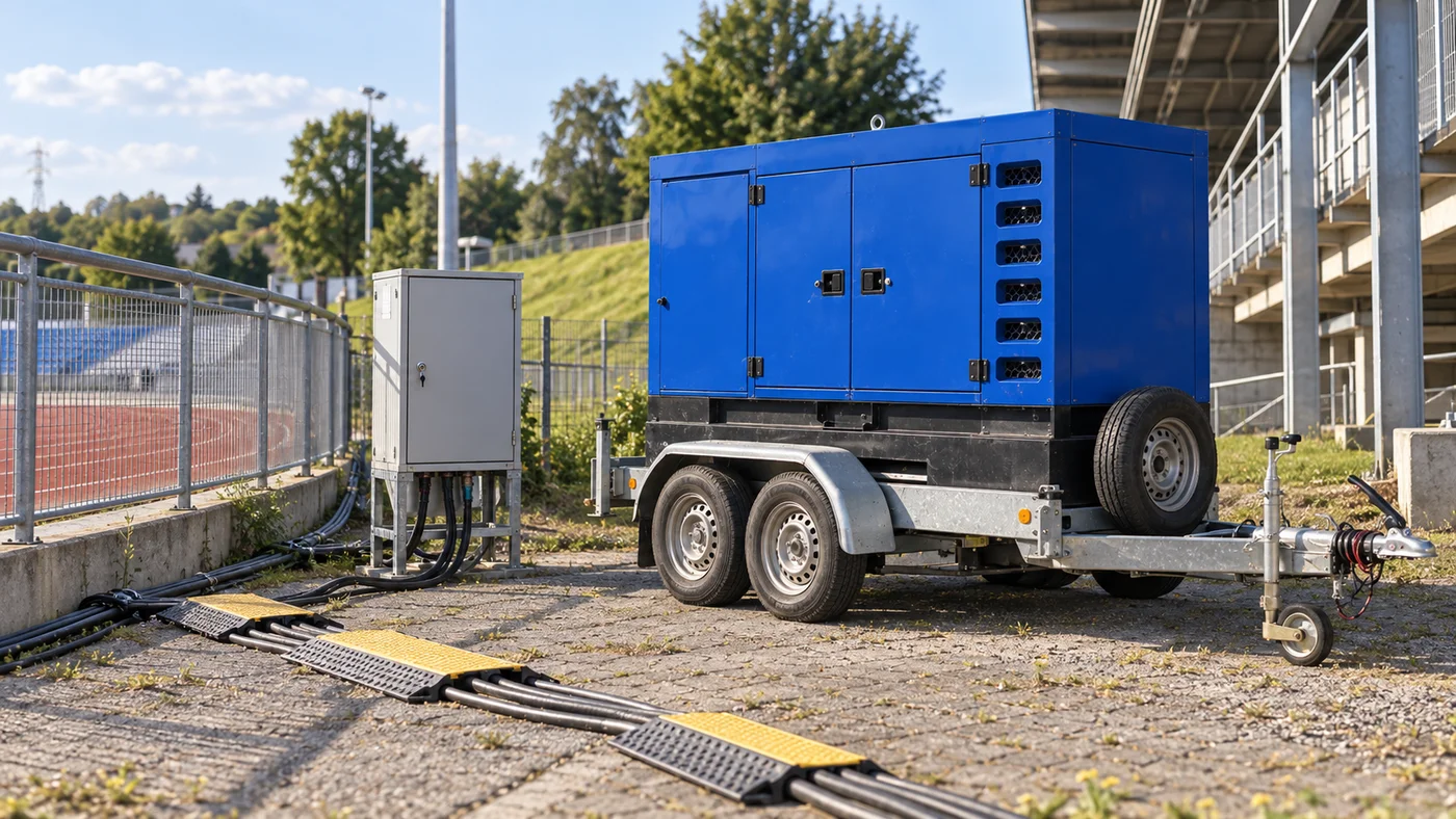 Modrá kapotovaná elektrocentrála na přívěsu za tribunou, vedle rozvaděč a kabely vedené podél plotu mimo dráhu