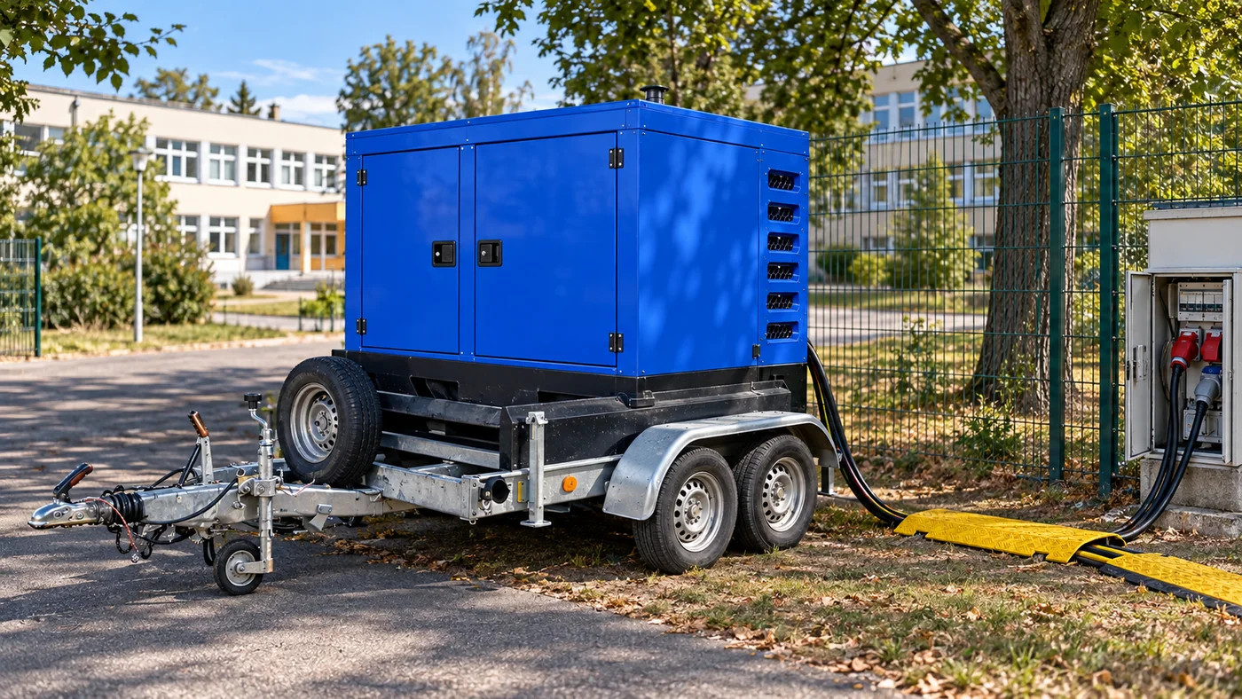 Modrá kapotovaná elektrocentrála na přívěsu na zpevněné ploše v rohu školního areálu, kabel v ochranném přejezdu