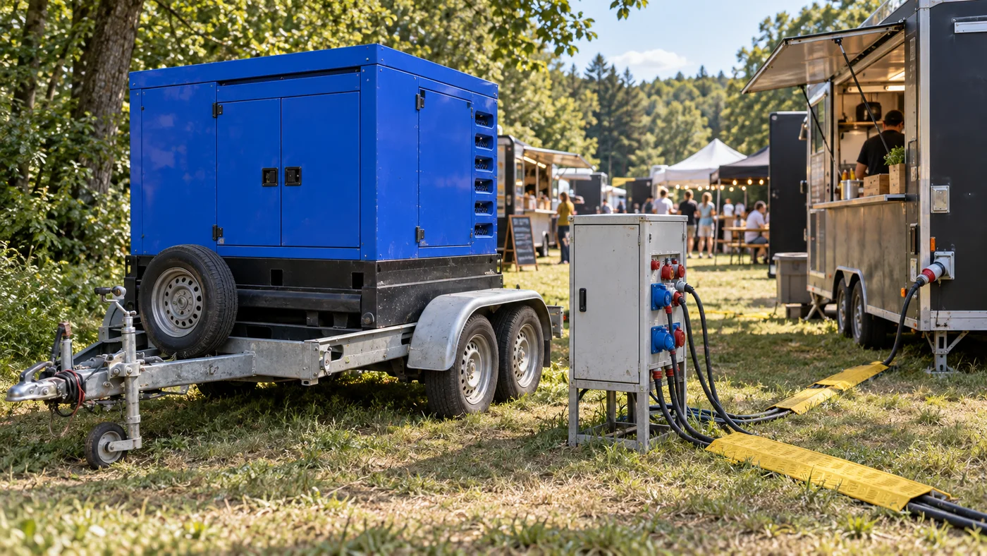 Označený rozvaděč vedle modré elektrocentrály na přívěsu a kabely v kabelových můstcích k prvnímu food trucku