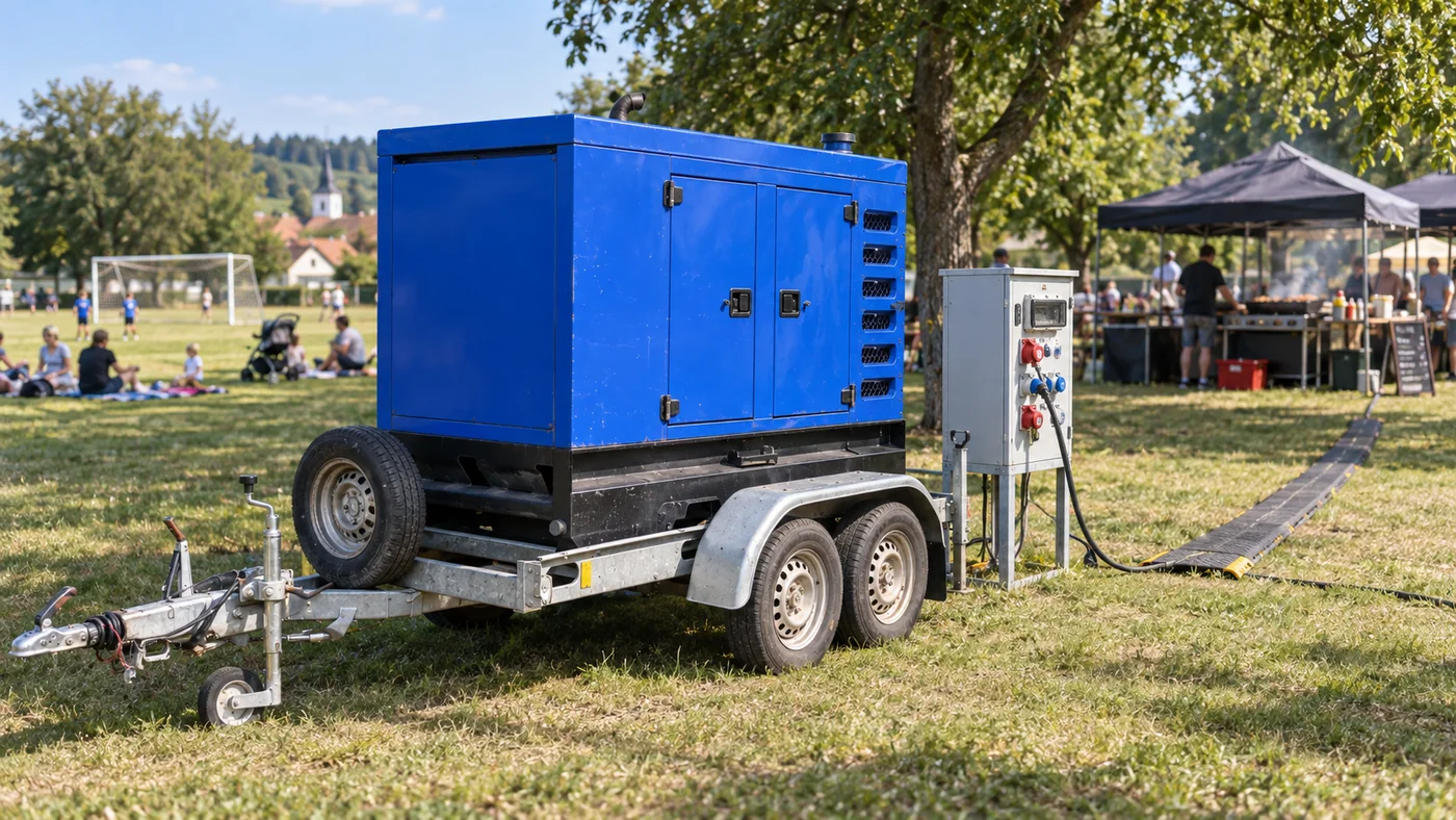 Modrá elektrocentrála na pozinkovaném přívěsu stranou od hřiště, rozvaděč a kabel vedený přes plastový přejezd