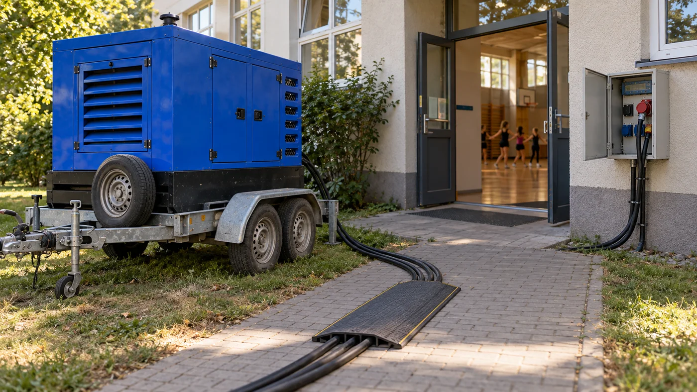Kabely vedou od modré elektrocentrály na přívěsu k bočnímu vchodu školní tělocvičny, uvnitř je vidět taneční sál