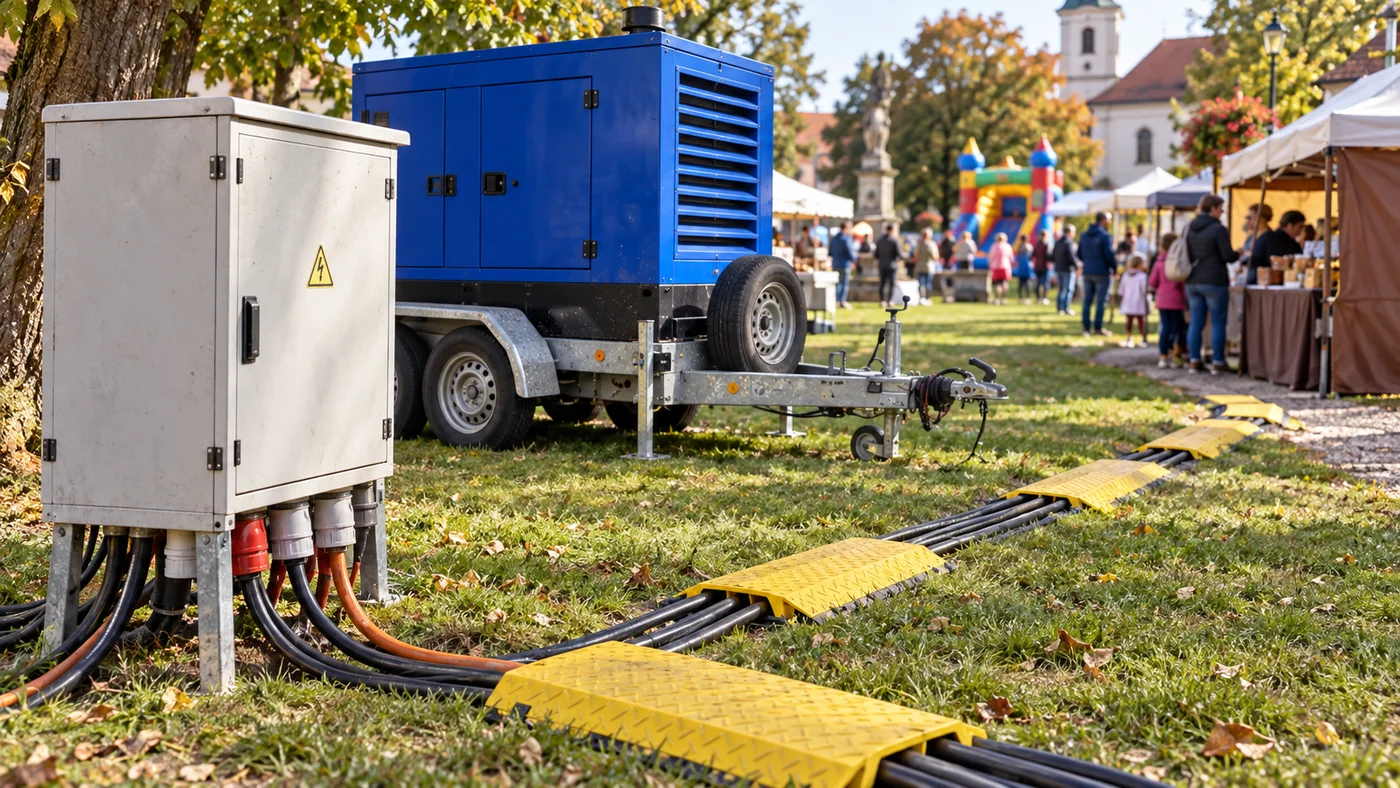 Rozvaděč a označené kabely vedené od elektrocentrály ke stánkům na návsi, v dálce dětské atrakce