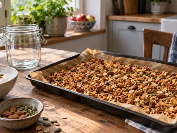 Domácí granola a müsli tyčinky: poměr, pečení, skladování