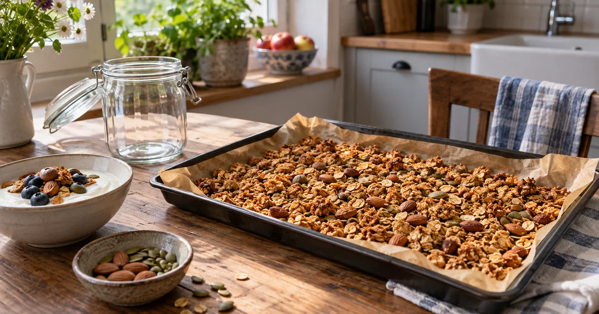 Domácí granola a müsli tyčinky: poměr, pečení, skladování