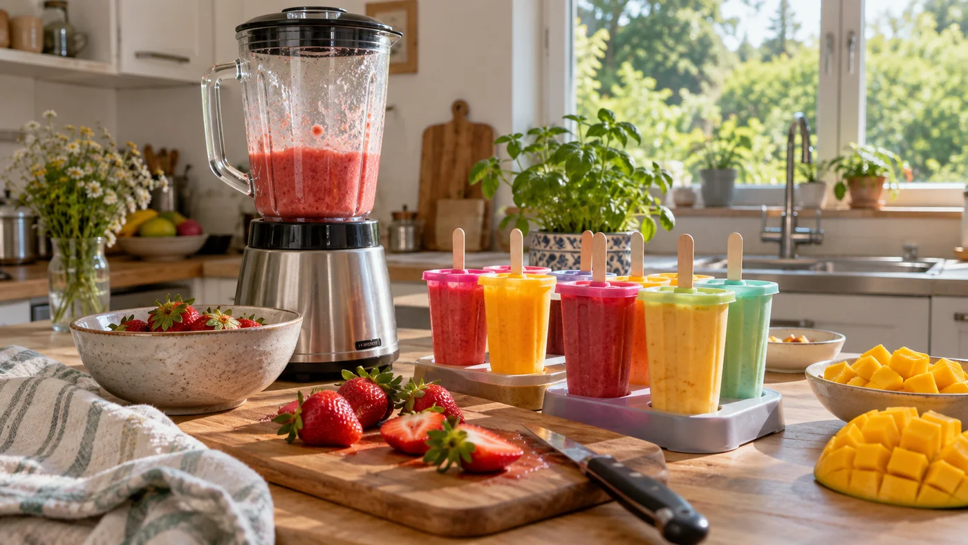 Ovocné nanuky v barevných formičkách, mixér, jahody a nakrájené mango na kuchyňské lince