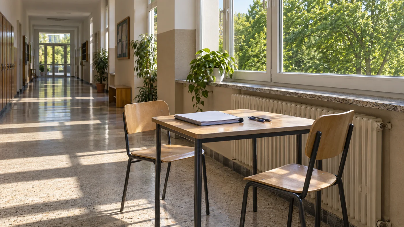 Dvě židle u malého stolu v chodbě školy, na stole složka s papíry a propisky, za oknem zelené stromy