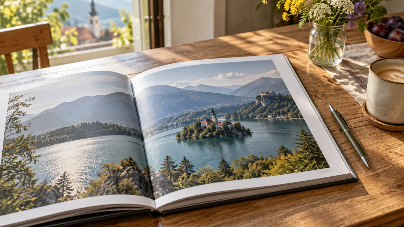 Otevřená dvoustrana fotoknihy s krajinou přes celé dvě stránky, kolem fotografie úzký bílý okraj, vedle leží propiska