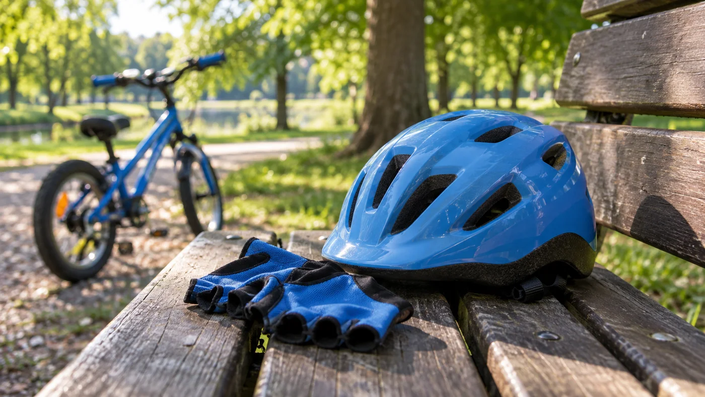 Dětská cyklistická přilba a rukavice bez prstů položené na lavičce v parku