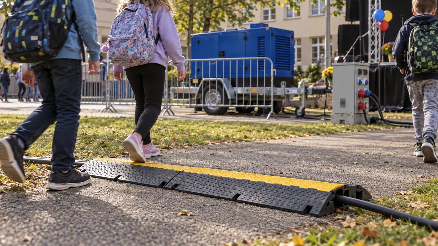 Kabel vedený přes cestu v žlutém kabelovém můstku, za ním ohrazená modrá elektrocentrála na hřišti