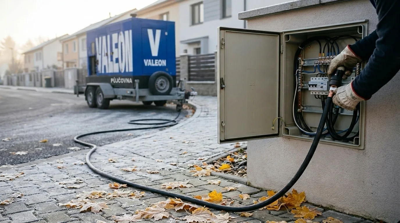 Elektrikář u otevřeného domovního rozvaděče na plotě připojuje kabel od elektrocentrály na přívěsu